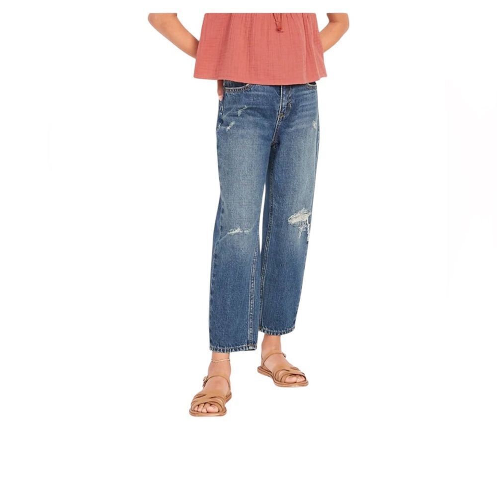 Girls High Rise Slouchy Straight Ripped Jeans Blue Denim 14